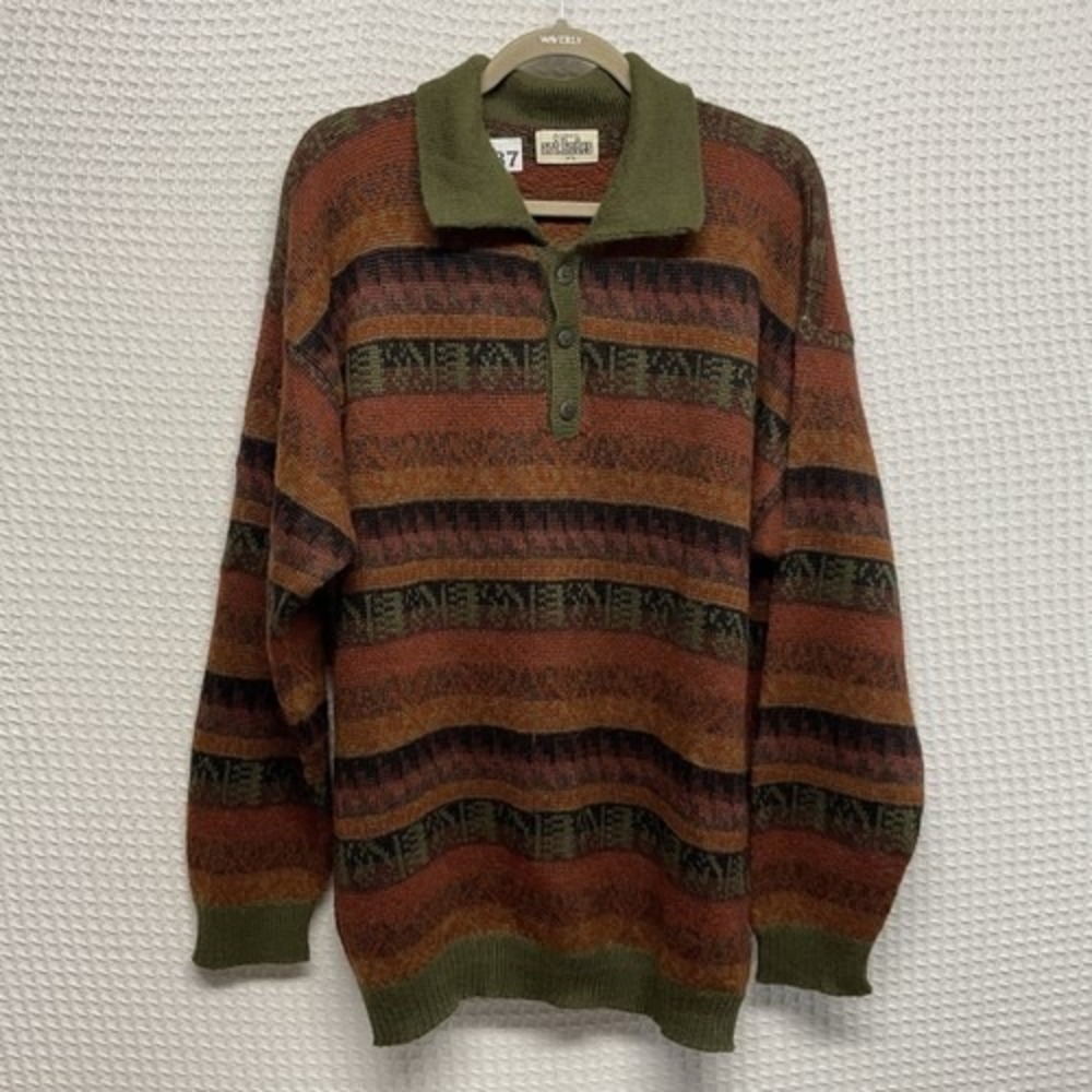 Alpaca Art Andes Peruvian Orange Long Sleeve Polo Sweater Pullover Men XL Peru